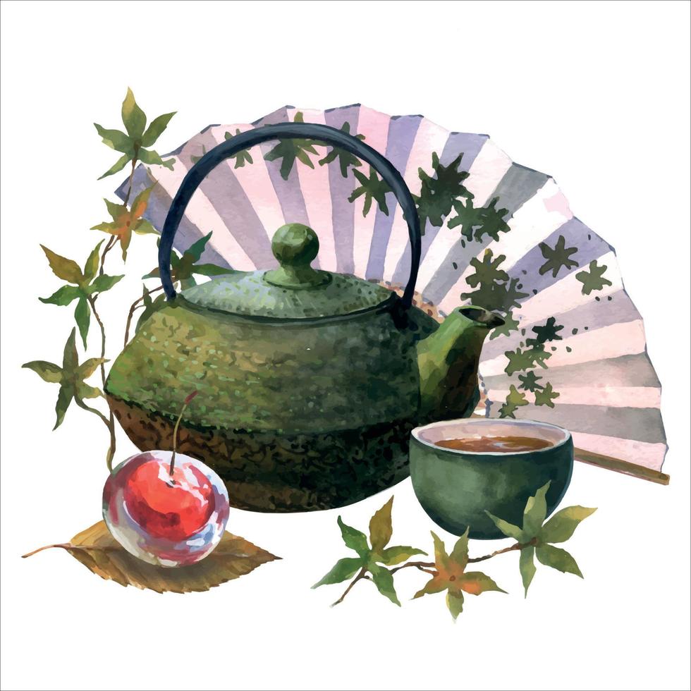 Juego de té asiático acuarela con tetera verde dack, taza de té verde, cereza de gelatina en hojas de sakura y ventilador de Japón, aislado sobre fondo blanco. diseño de alimentos vector