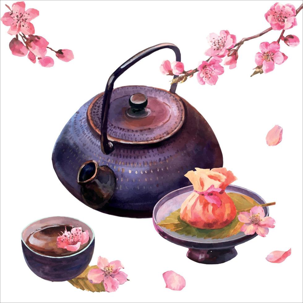 ilustración acuarela de la ceremonia del té de Japón, composición de tetera de cerámica púrpura oscura, tazón de té, sakuramochi con envoltura de tela de té y ramitas de flores de cerezo, aisladas en fondo blanco. vector