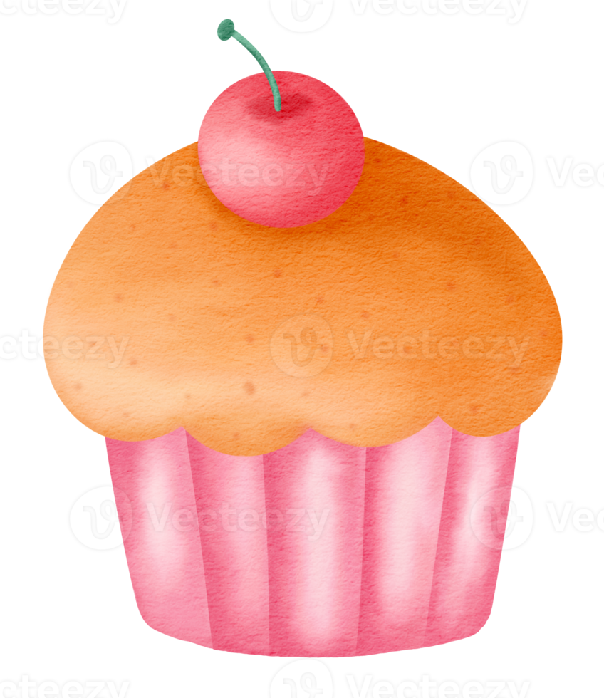 Watercolor hand drawn cupcake with cherry Icon. png