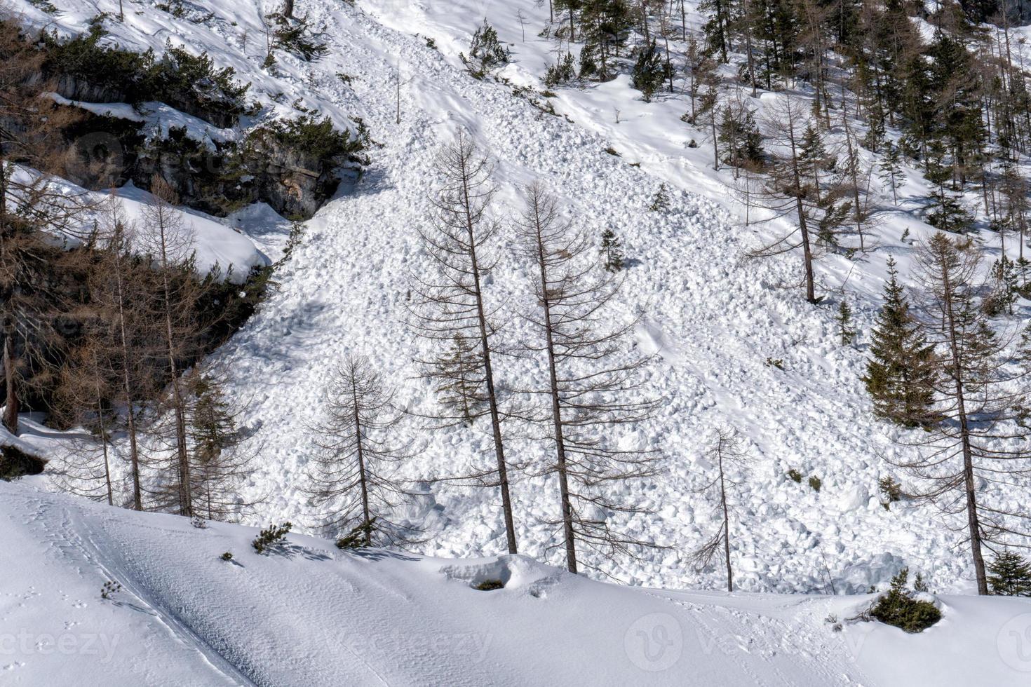 Avalanche snow slide in dolomites mountains photo