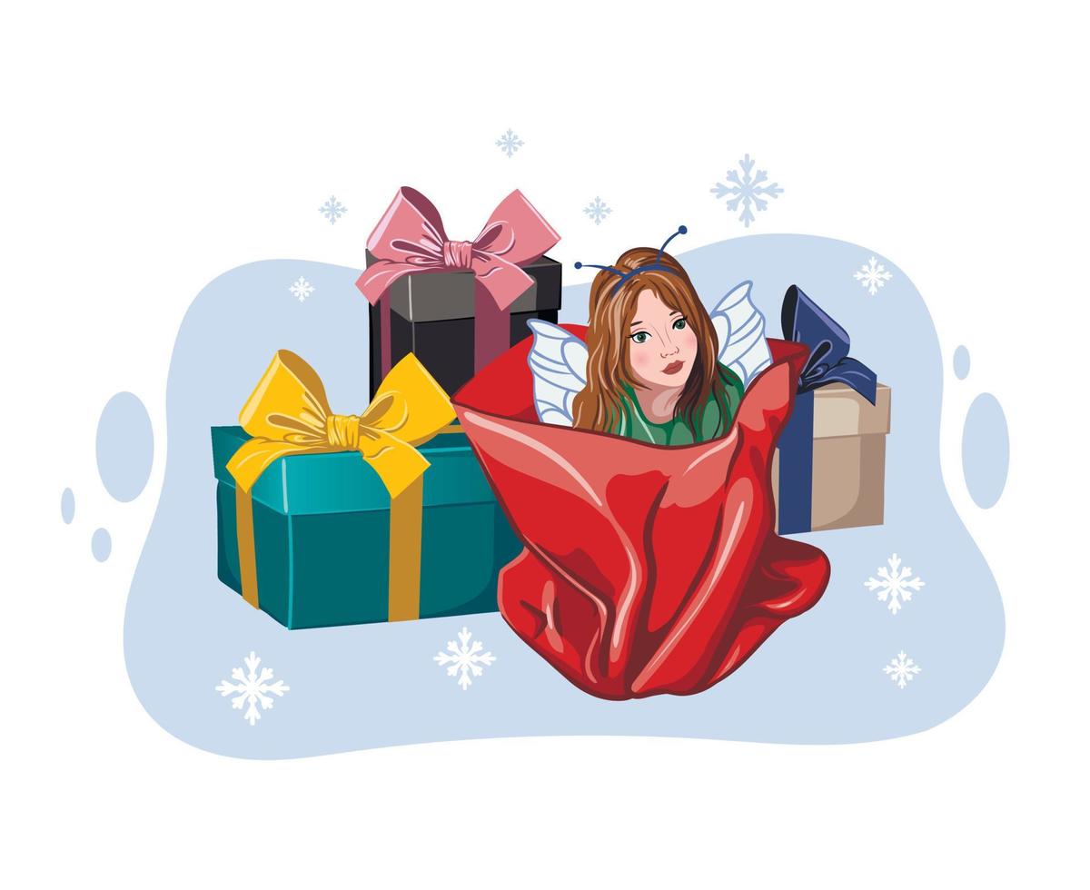 linda chica con alas de hada en una bolsa de regalo con una montaña de regalos. dibujo de año nuevo. ilustración vectorial vector