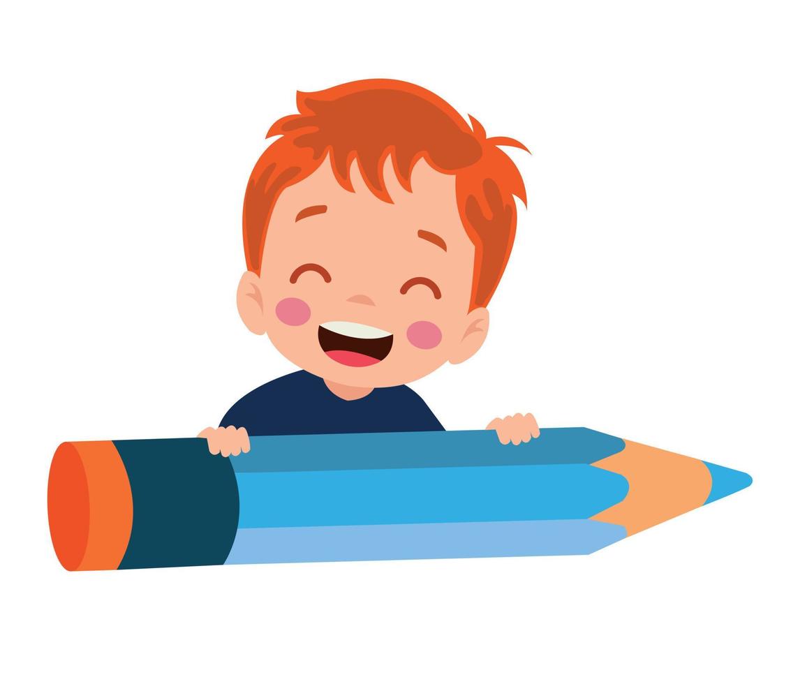 happy cute kid girl holding big pencil vector