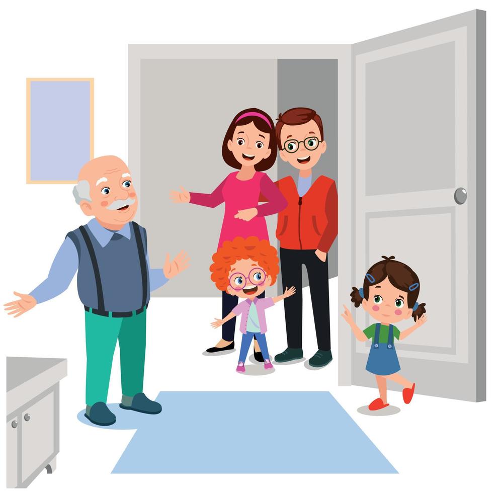 grandfather and grandson who meet his family at the door vector