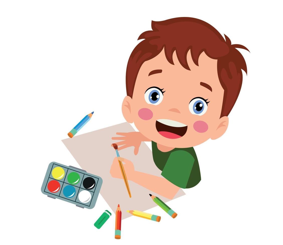 kids cutting colored paper with scissors and painting vector