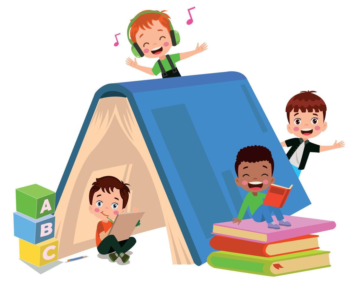Kids reading, group of friends vector