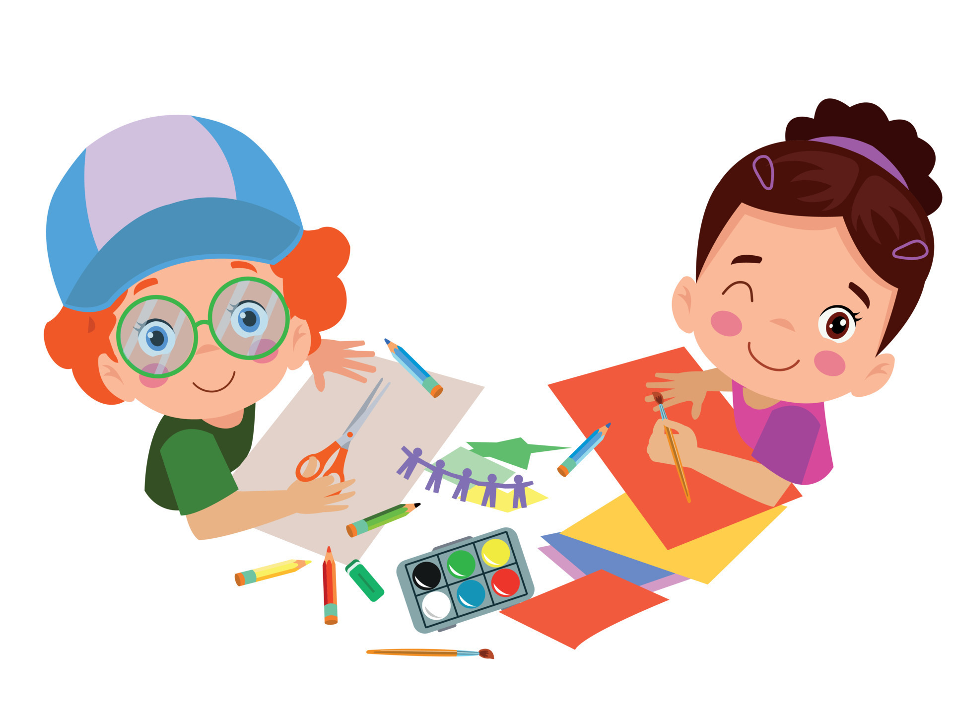 kids cutting colored paper with scissors and painting 18804590 Vector