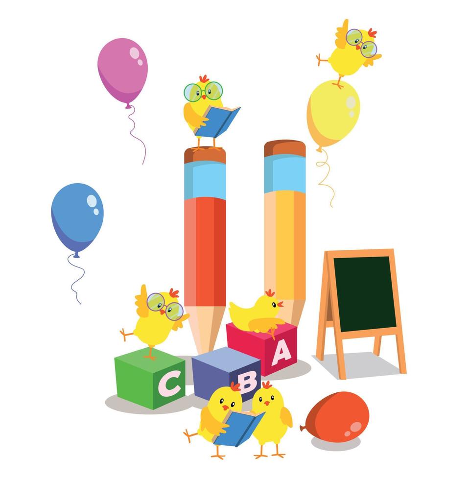 Back to school. Card with funny chickens. vector