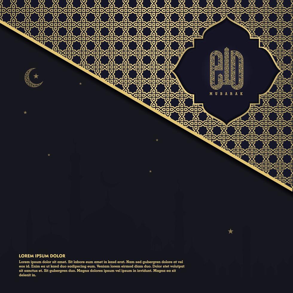 islamic greeting eid mubarak card square background blue dark gold  color design  for islamic party vector