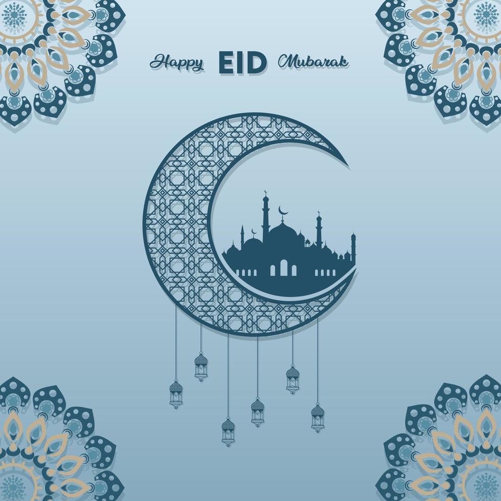islamic greeting eid mubarak card square background blue color design  for islamic party vector