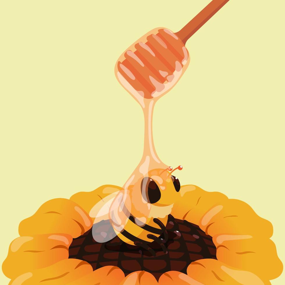 honey dripping over a cute bee perched on a sunflower vector