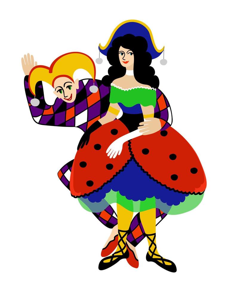 Columbine and Harlequin. Vector isolated illustration. Principal characters of italian traditional comedy. Commedia dell'arte.