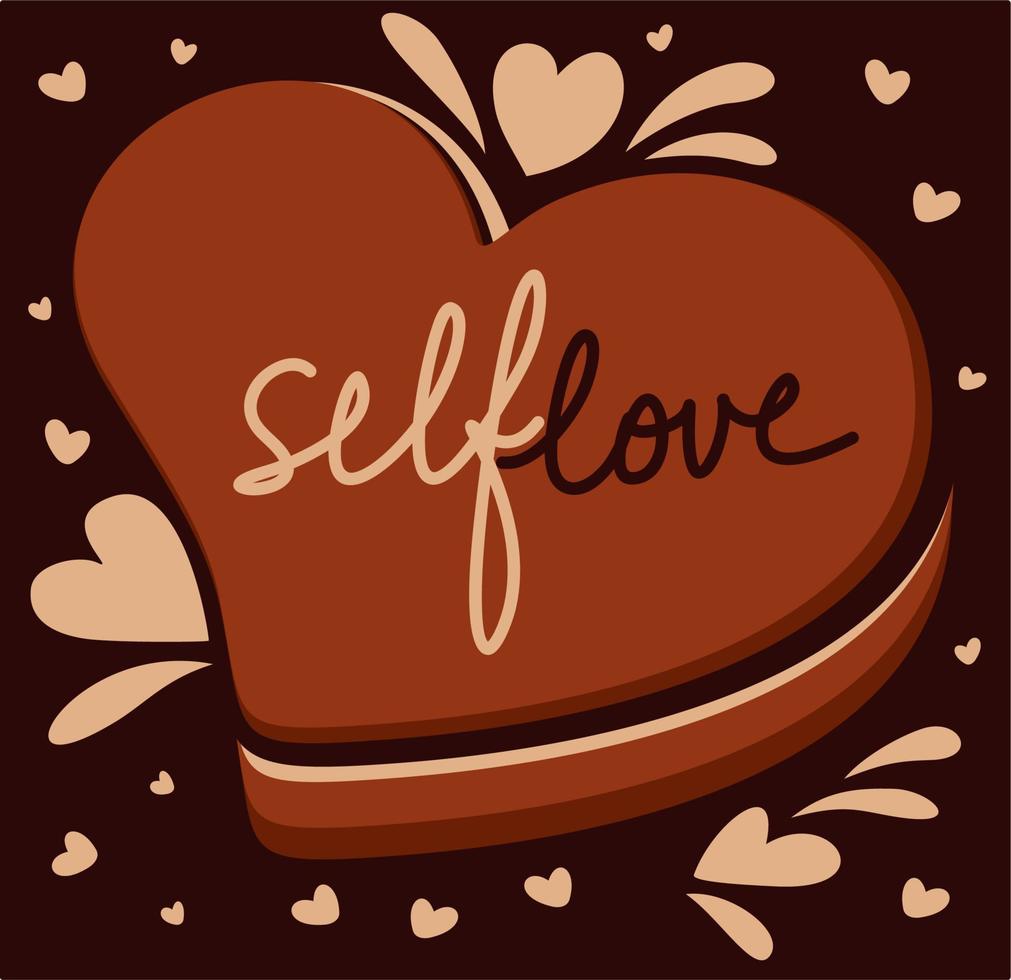 Self love. Vector illustration. Chocolate cake in a shape of heart. On dark brown background.