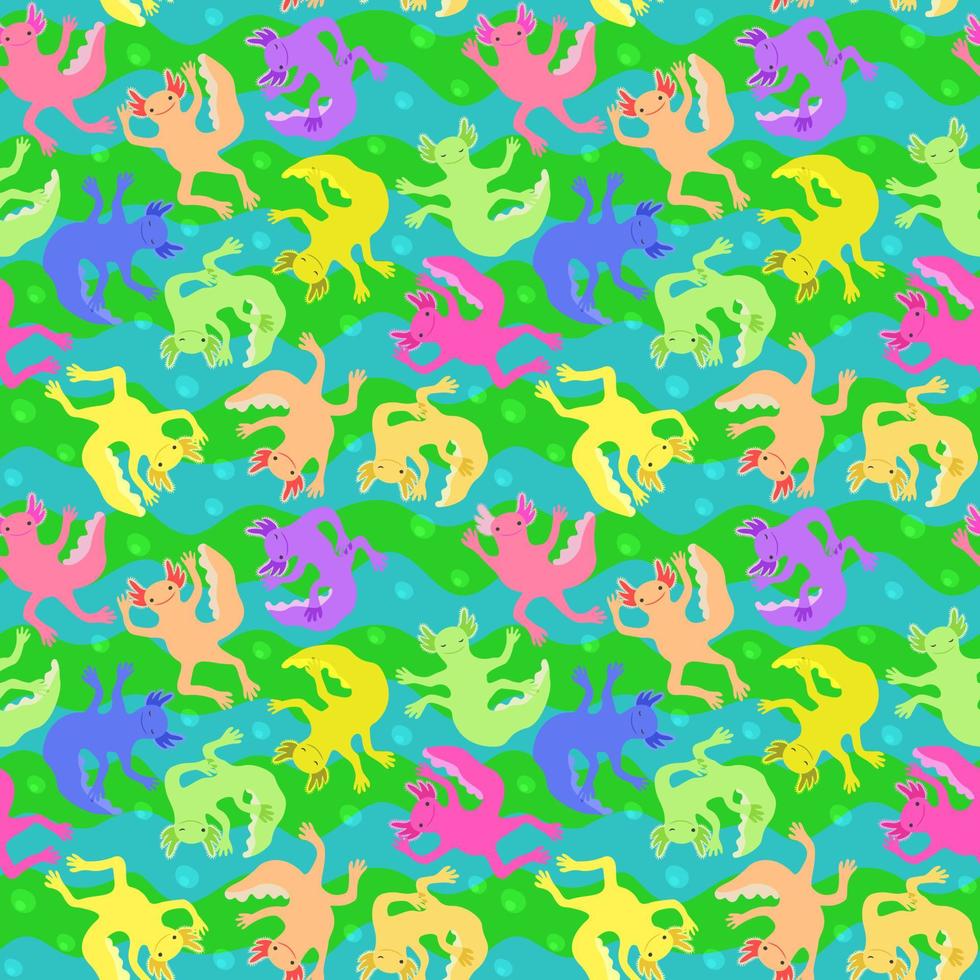 Vector bright seamless pattern with colorful axolotls.