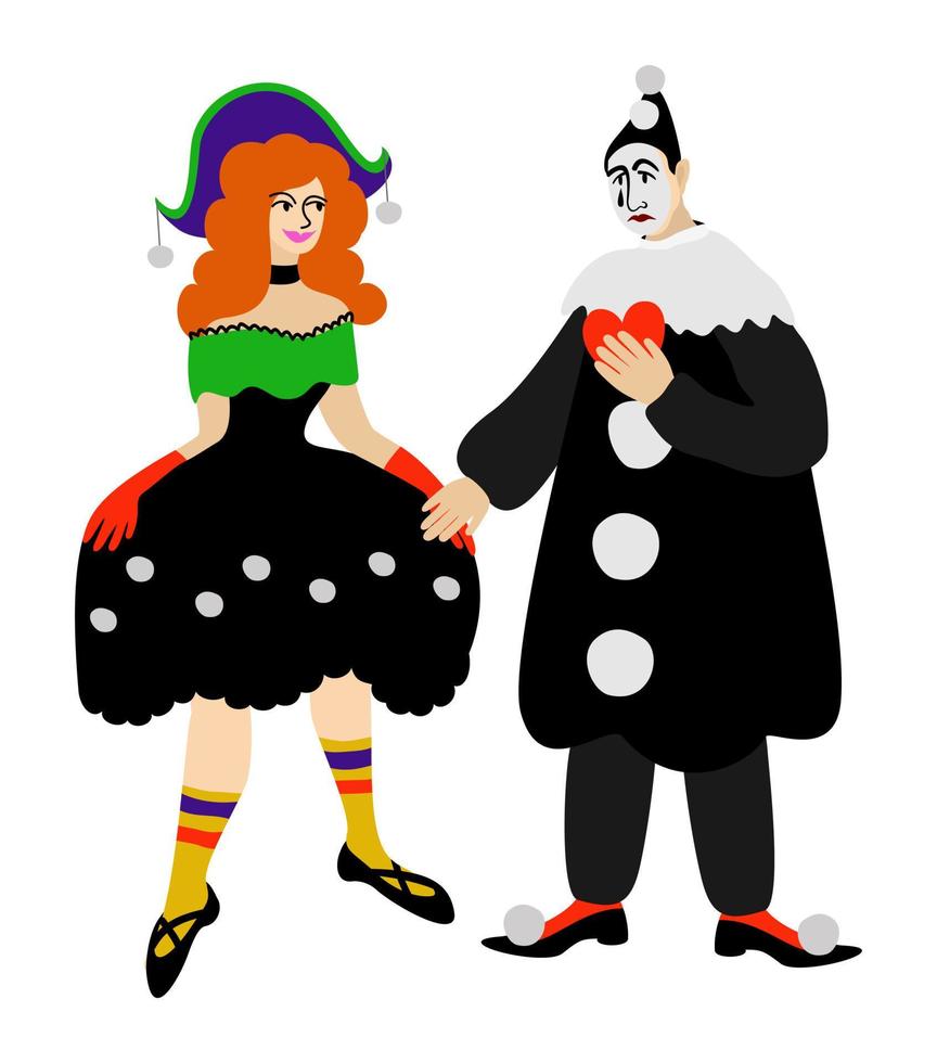 Columbine and Pierrot. Principal characters of italian traditional comedy. Commedia dell'arte. Vector isolated illustration. Love concept. Happy Valentine's Day.