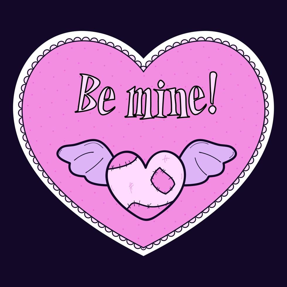 Alternative Valentine card. Creepy clipart. Spooky love. Kawaii pastel goth style. Be mine. Ragged heart with seam. vector