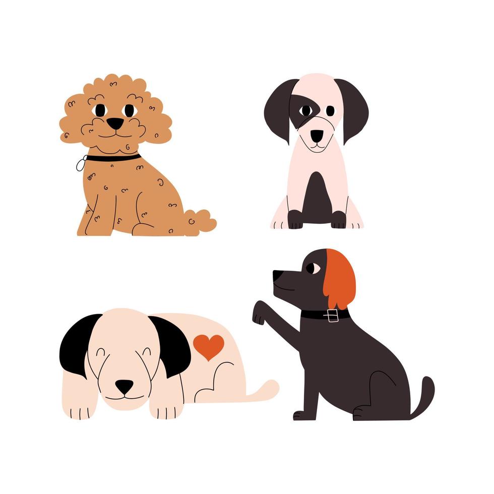 Set of cute puppies of different breeds. Collection of friendly dogs. Vector illustration in hand drawn style