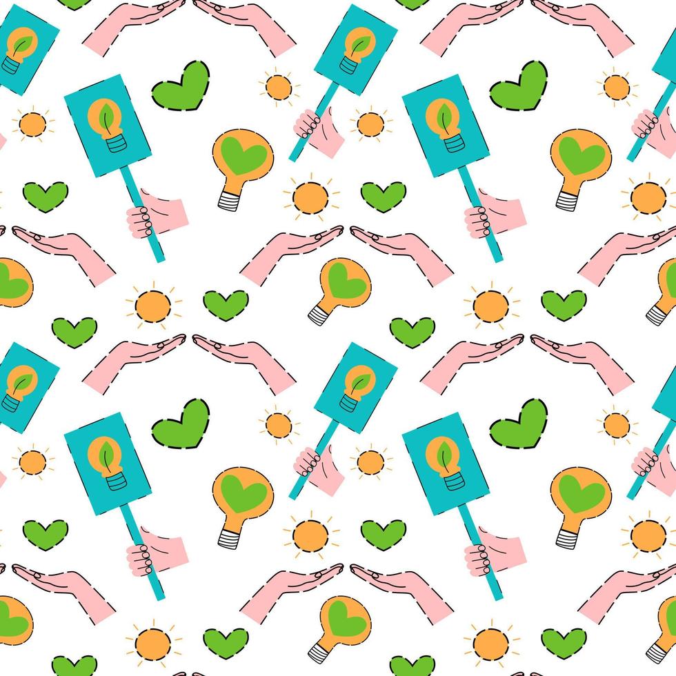 Seamless pattern ESG concept. Eco-friendly, sustainable background. Vector hand drawn illustration