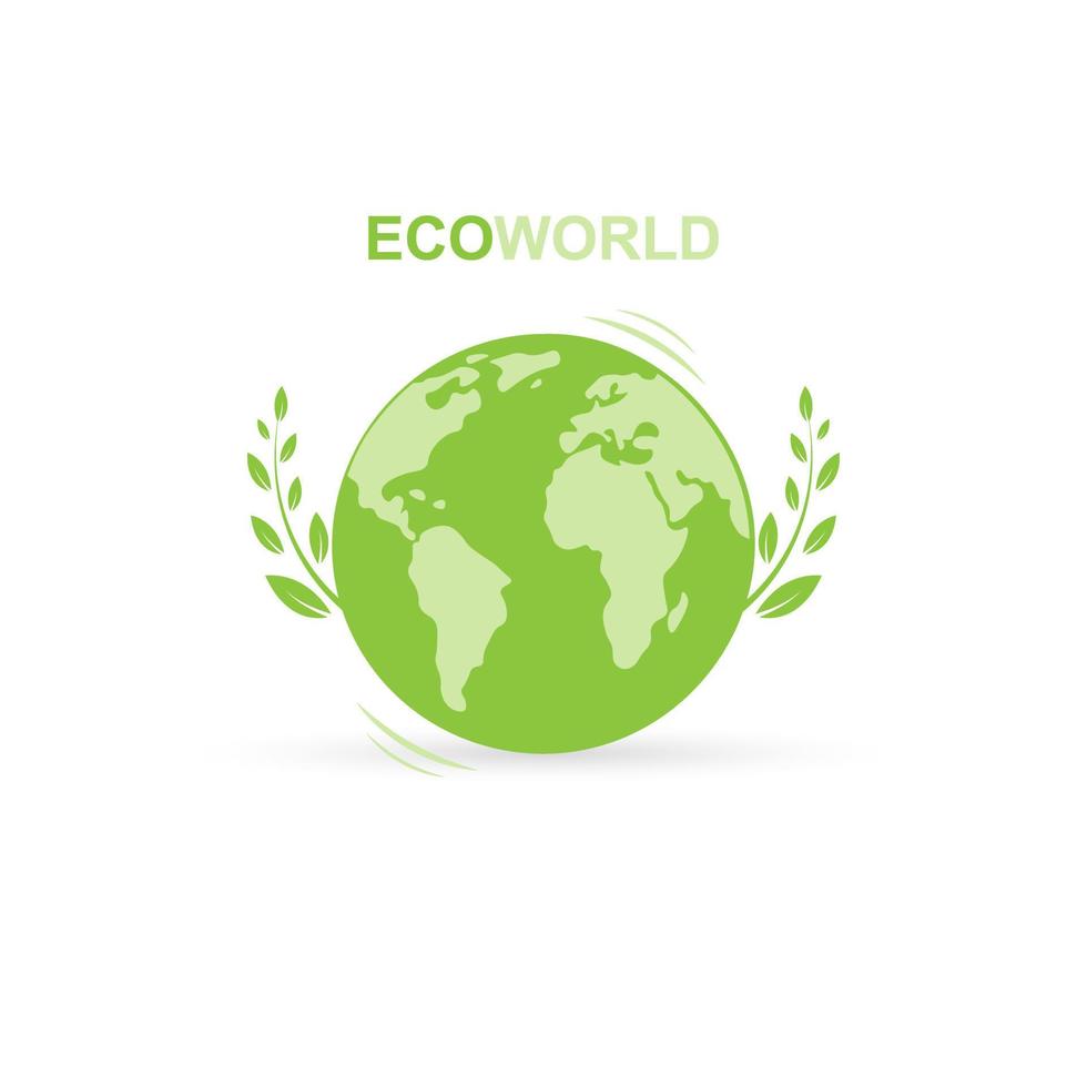 Green earth and leaves. Eco World, save the planet, energy saving concept. Isolated vector logo