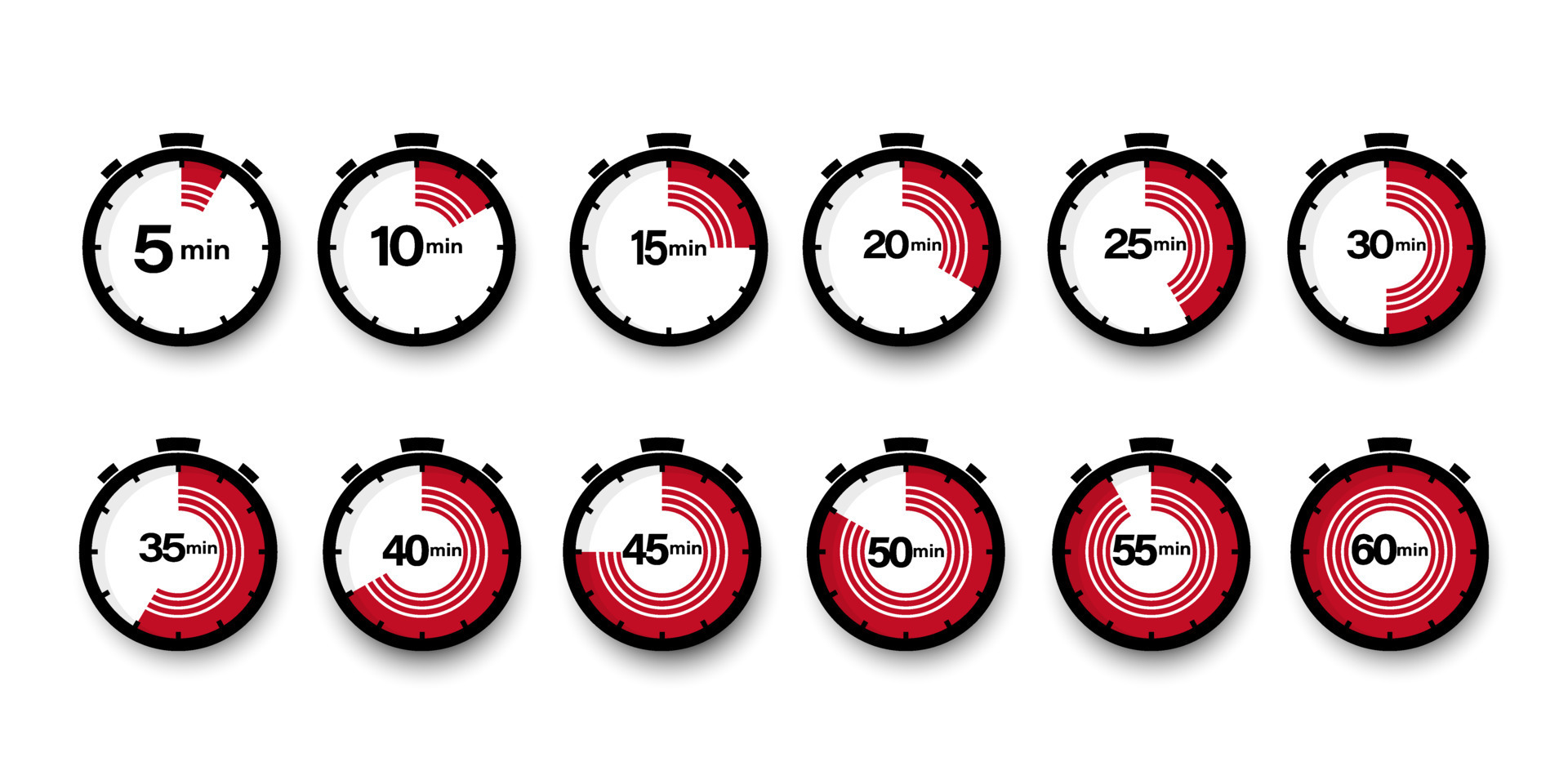 Set of timers. 5, 10, 15, 20, 25, 30, 35, 40, 45, 50, 55, and 60