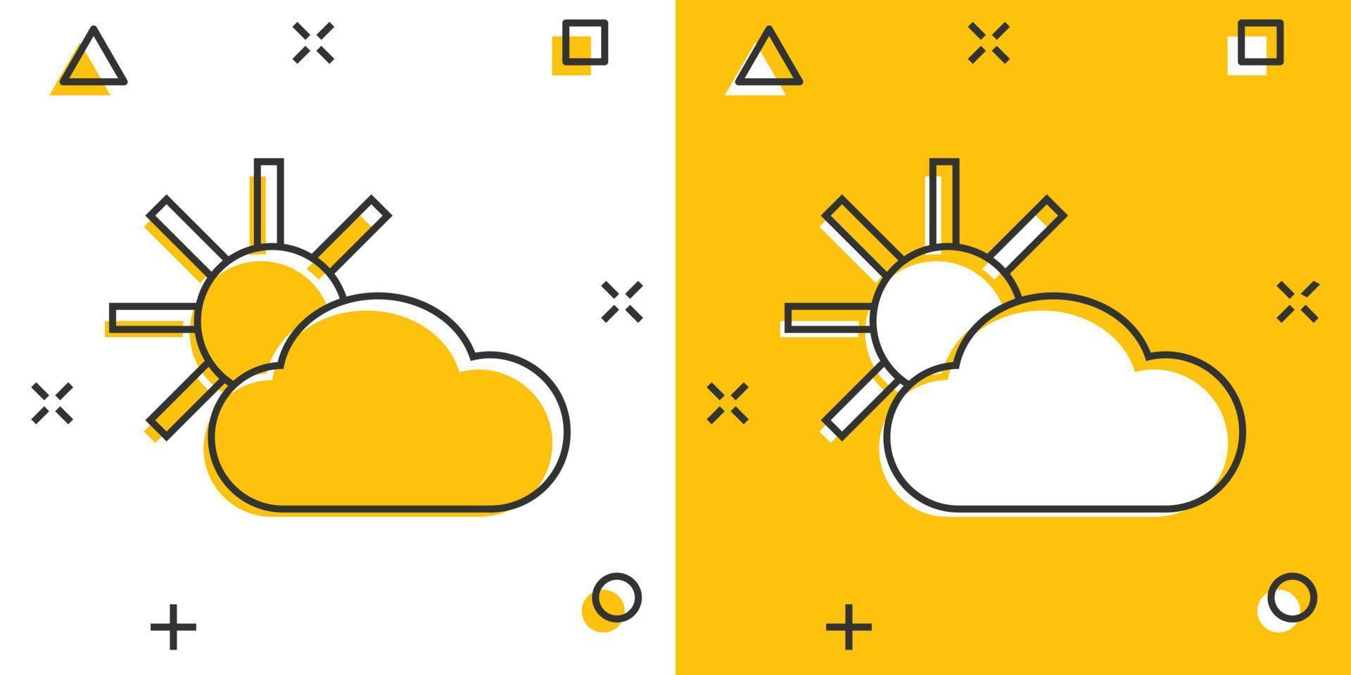 icono de pronóstico del tiempo de dibujos animados vectoriales en estilo cómico. sol con pictograma de ilustración de concepto de nubes. concepto de efecto de salpicadura de negocio en la nube. vector