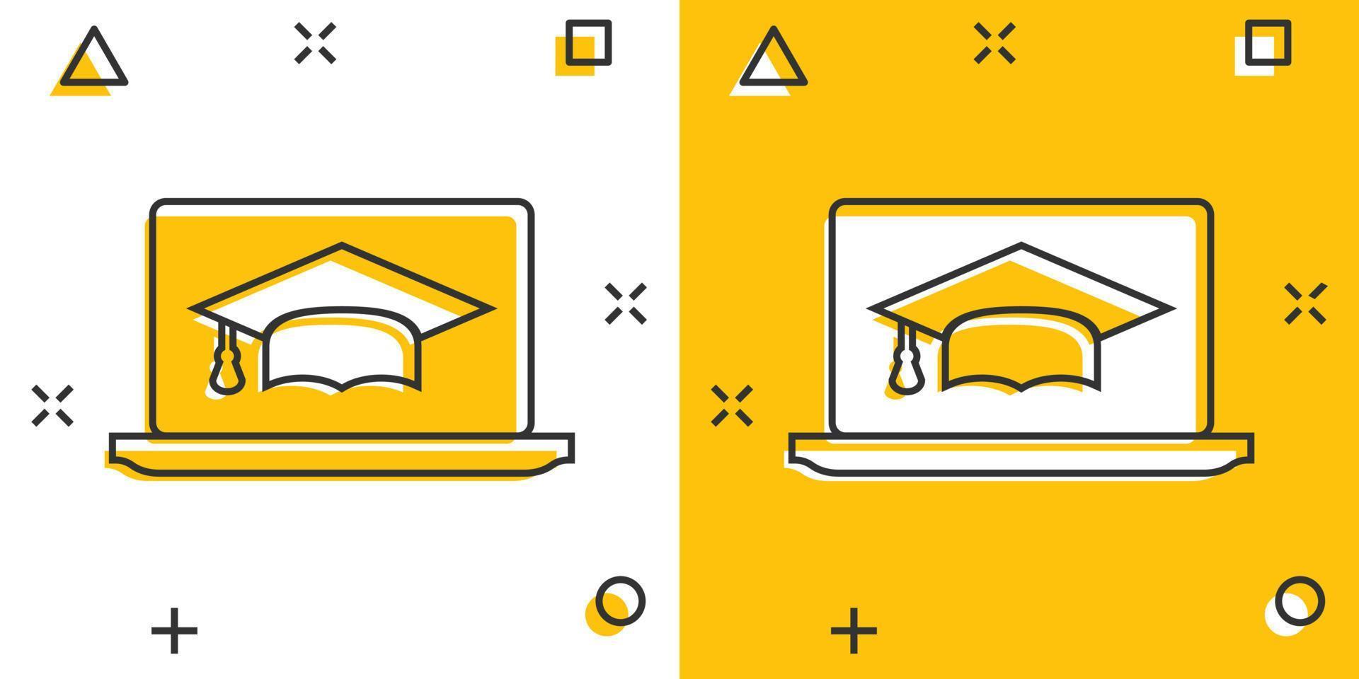 icono de educación elearning en estilo cómico. pictograma de ilustración de dibujos animados de vector de estudio. efecto de salpicadura de concepto de negocio de capacitación en línea de computadora portátil.