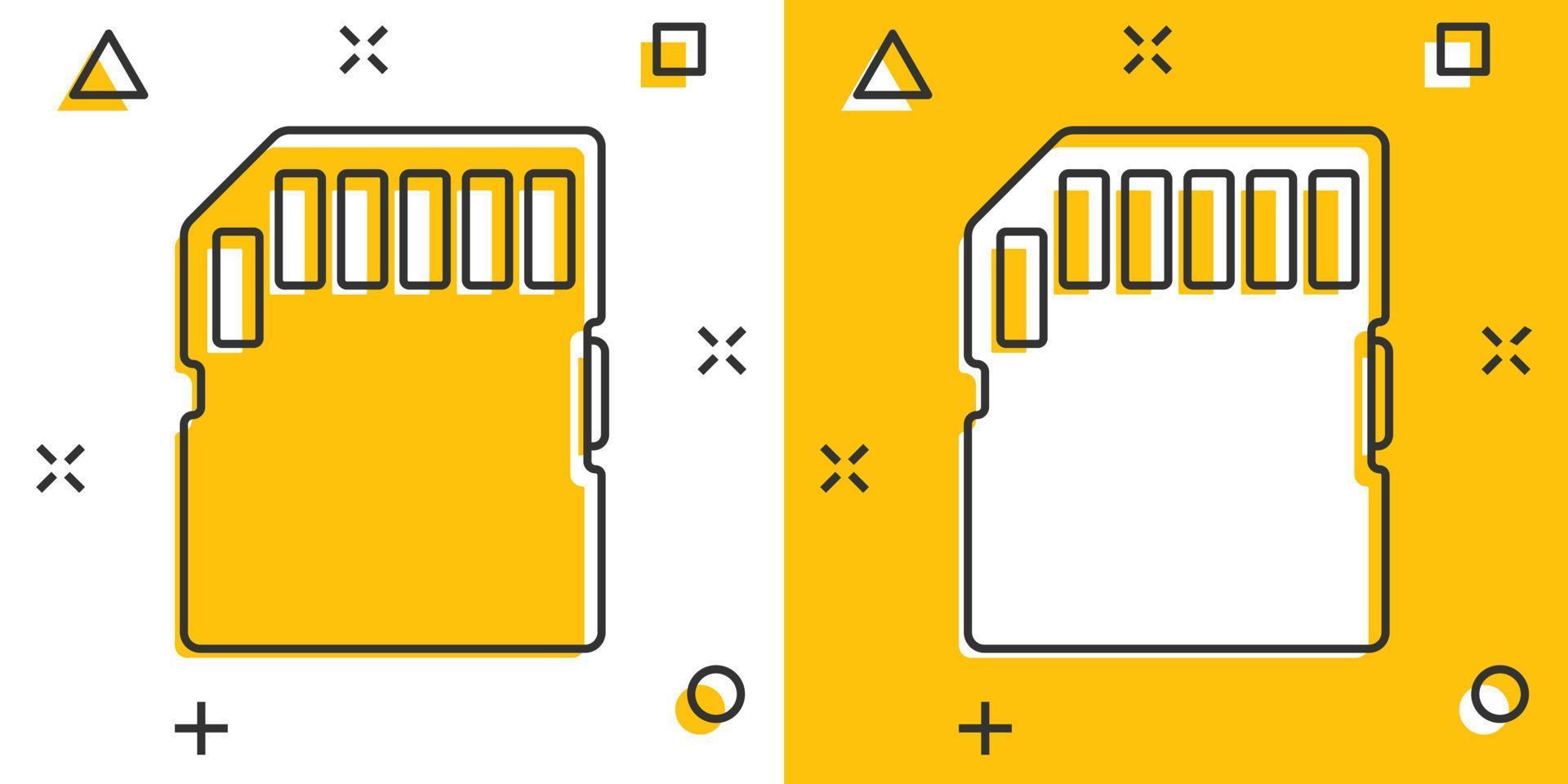 icono de tarjeta micro sd en estilo cómico. ilustración de dibujos animados de vector de chip de memoria sobre fondo blanco aislado. efecto de salpicadura de concepto de negocio de adaptador de almacenamiento.