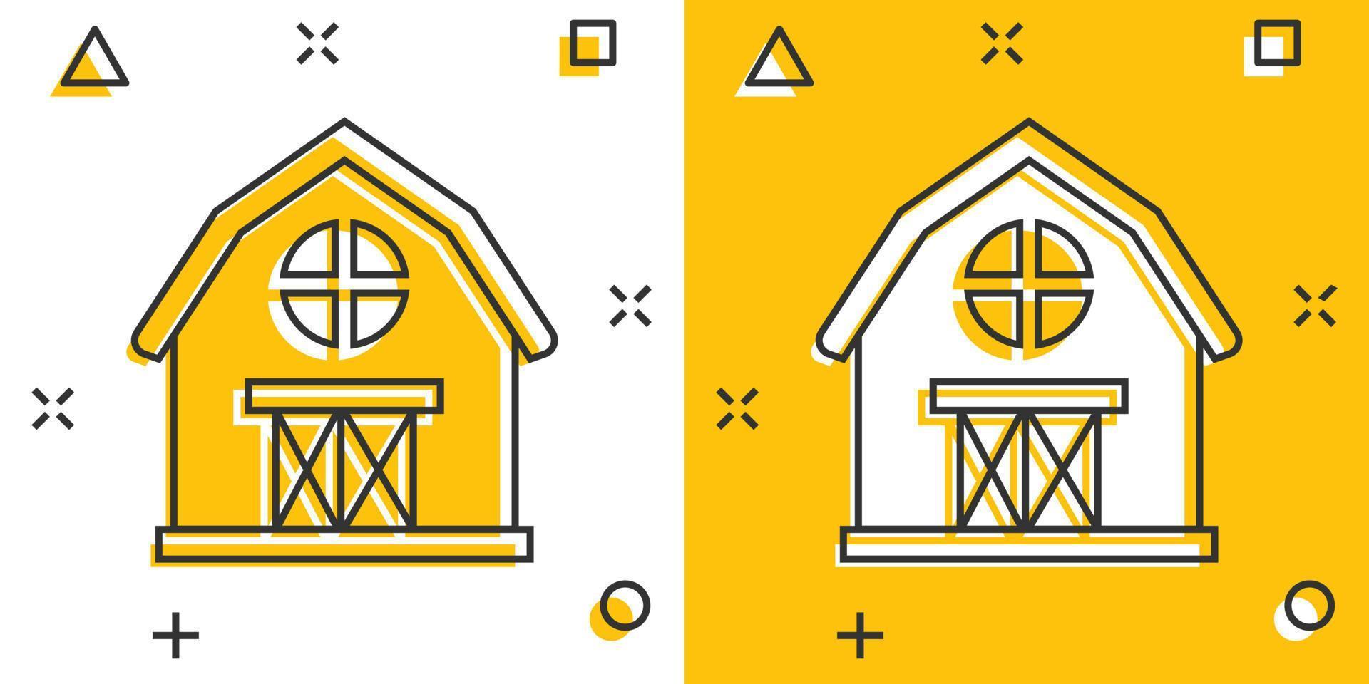 Barn icon in comic style. Farm house cartoon vector illustration on white isolated background. Agriculture storehouse splash effect business concept.