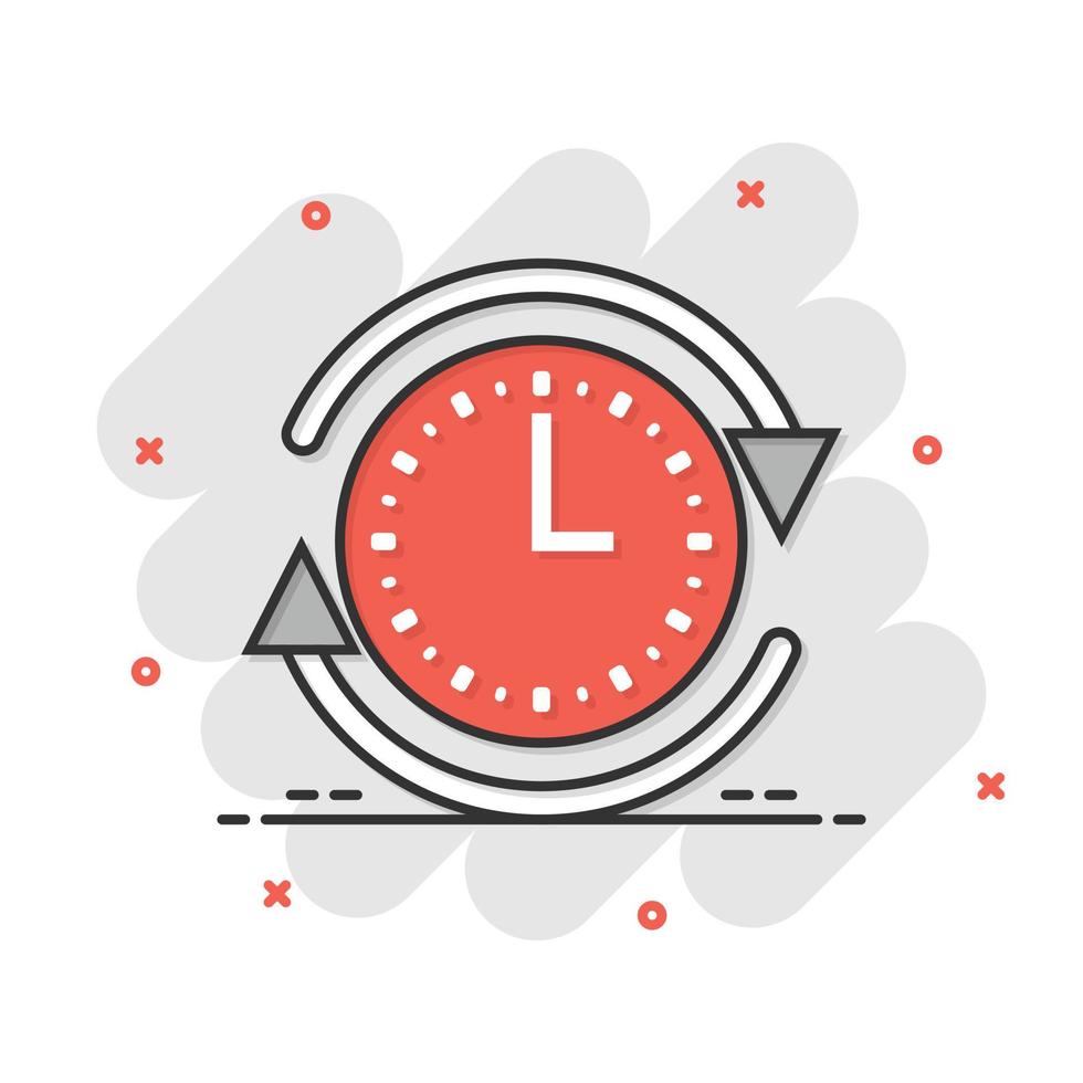 Clock icon in comic style. Watch cartoon vector illustration on white isolated background. Timer splash effect business concept.