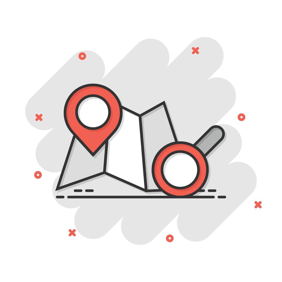 Map with magnifier icon in comic style. Gps navigation cartoon vector illustration on white isolated background. Locate position splash effect business concept.