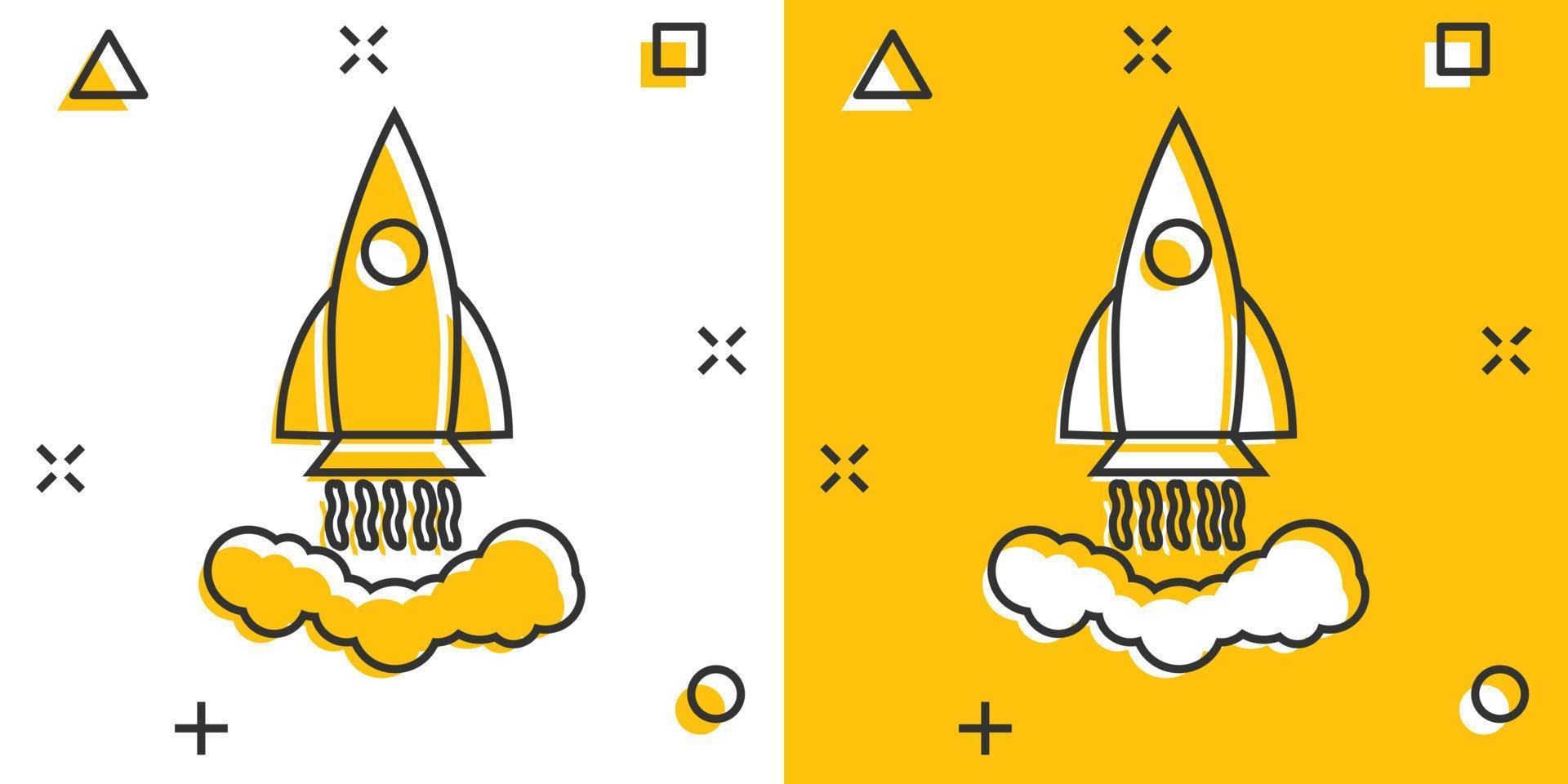 Vector cartoon rocket icon in comic style. Startup launch sign illustration pictogram. Rocket business splash effect concept.