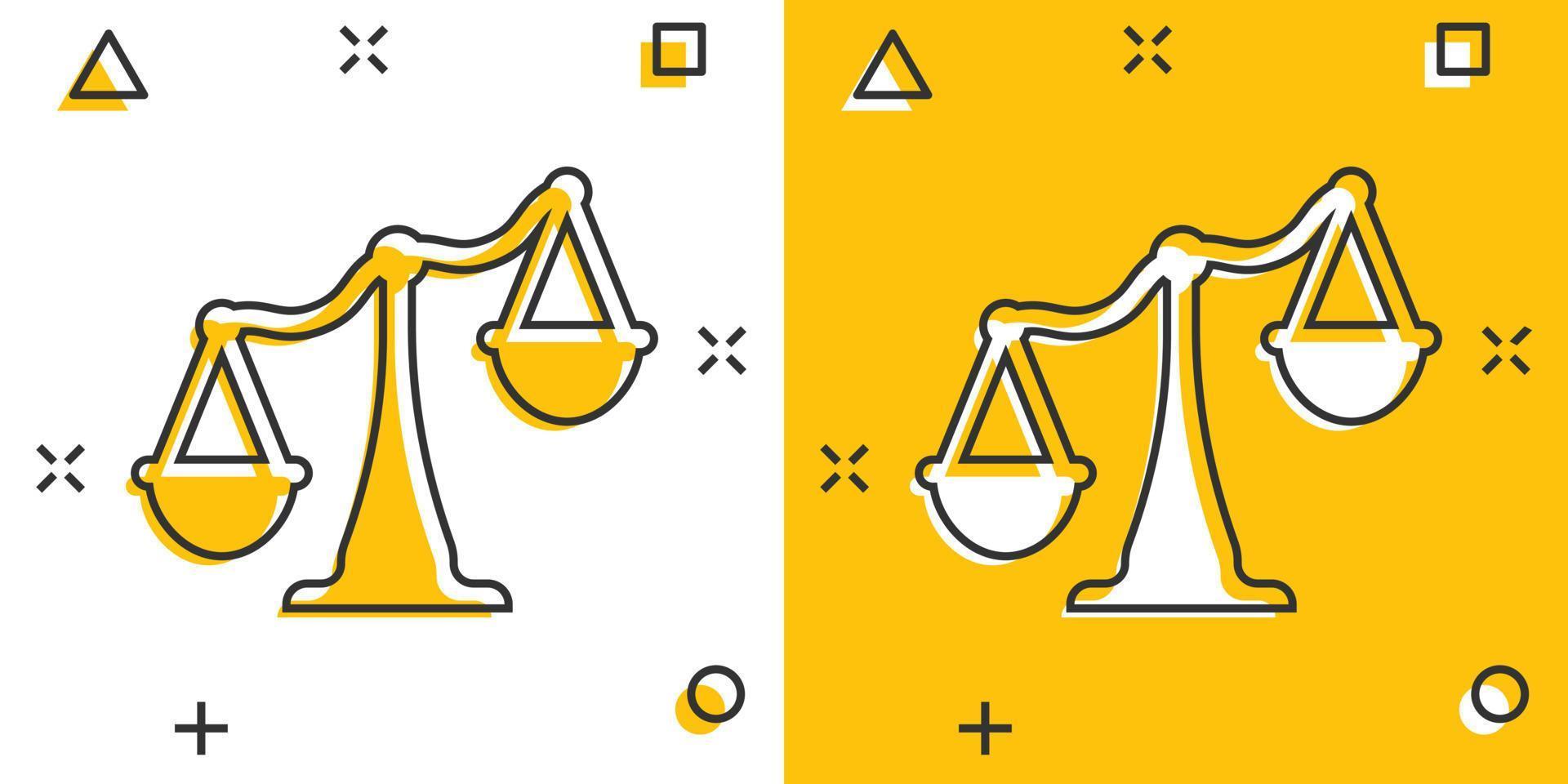 icono de equilibrio de escala en estilo cómico. ilustración de vector de dibujos animados de justicia sobre fondo blanco aislado. concepto de negocio de efecto de salpicadura de juicio.