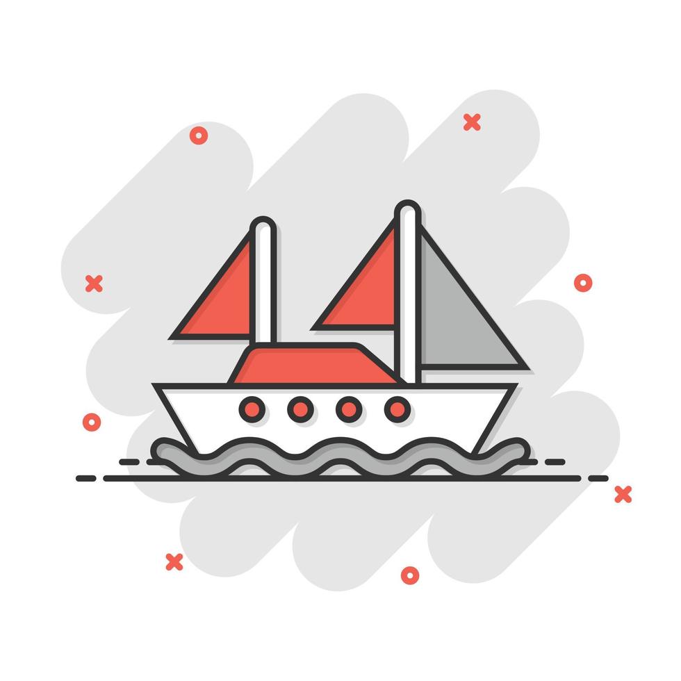 icono de barco de turismo en estilo cómico. ilustración de vector de dibujos animados de barco de pesca sobre fondo blanco aislado. concepto de negocio de efecto de salpicadura de destino de petrolero.