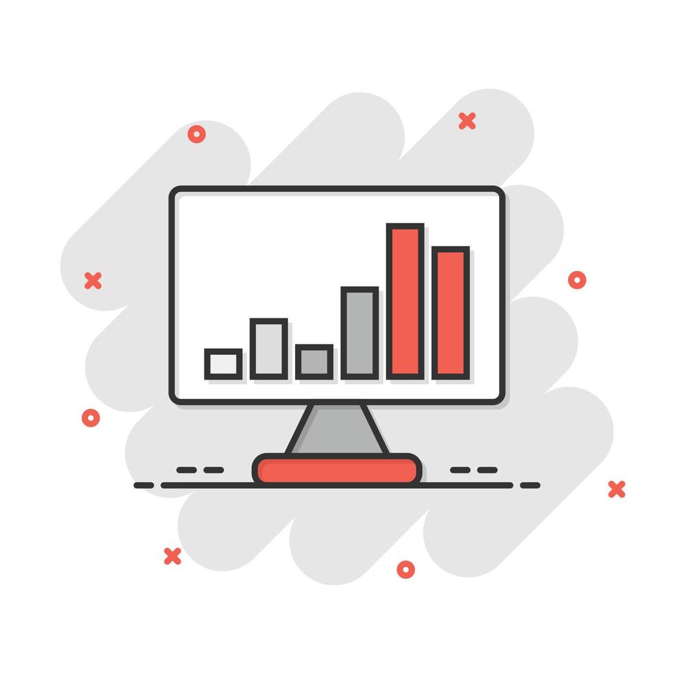 icono de análisis de sitios web en estilo cómico. ilustración vectorial de dibujos animados de datos seo sobre fondo blanco aislado. concepto de negocio de efecto de salpicadura de diagrama de computadora. vector