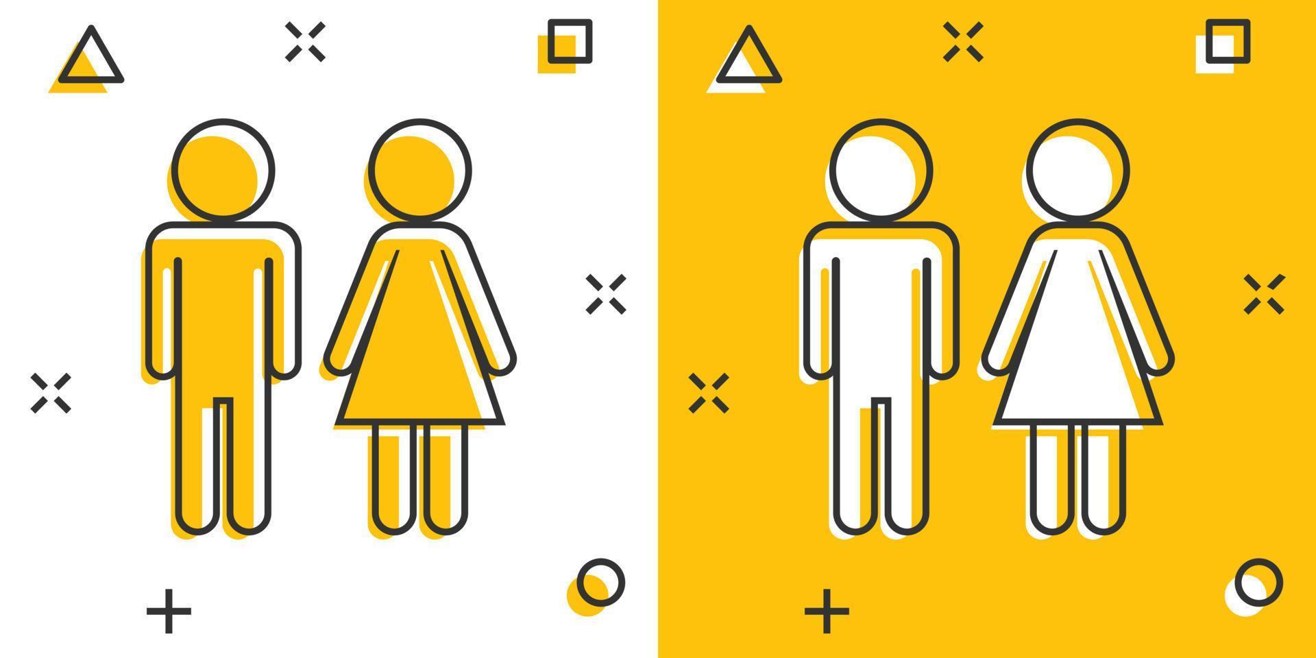 Vector cartoon man and woman icon in comic style. WC sign illustration pictogram. Restroom business splash effect concept.