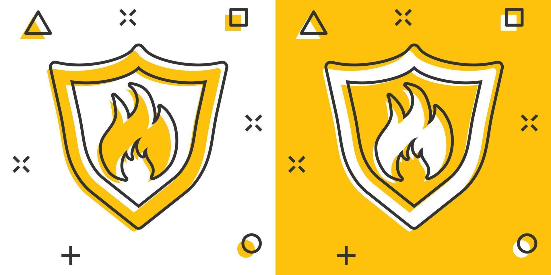 icono de signo de escudo de advertencia de incendio de dibujos animados vectoriales en estilo cómico. pictograma de ilustración de signo de protección contra llamas. concepto de efecto de salpicadura de negocio de incendios. vector