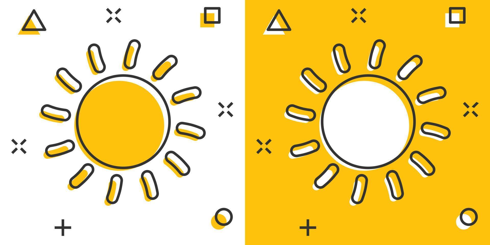 icono de sol de dibujos animados vectoriales en estilo cómico. sol con pictograma de ilustración de signo de rayo. concepto de efecto de salpicadura de negocio de sol. vector