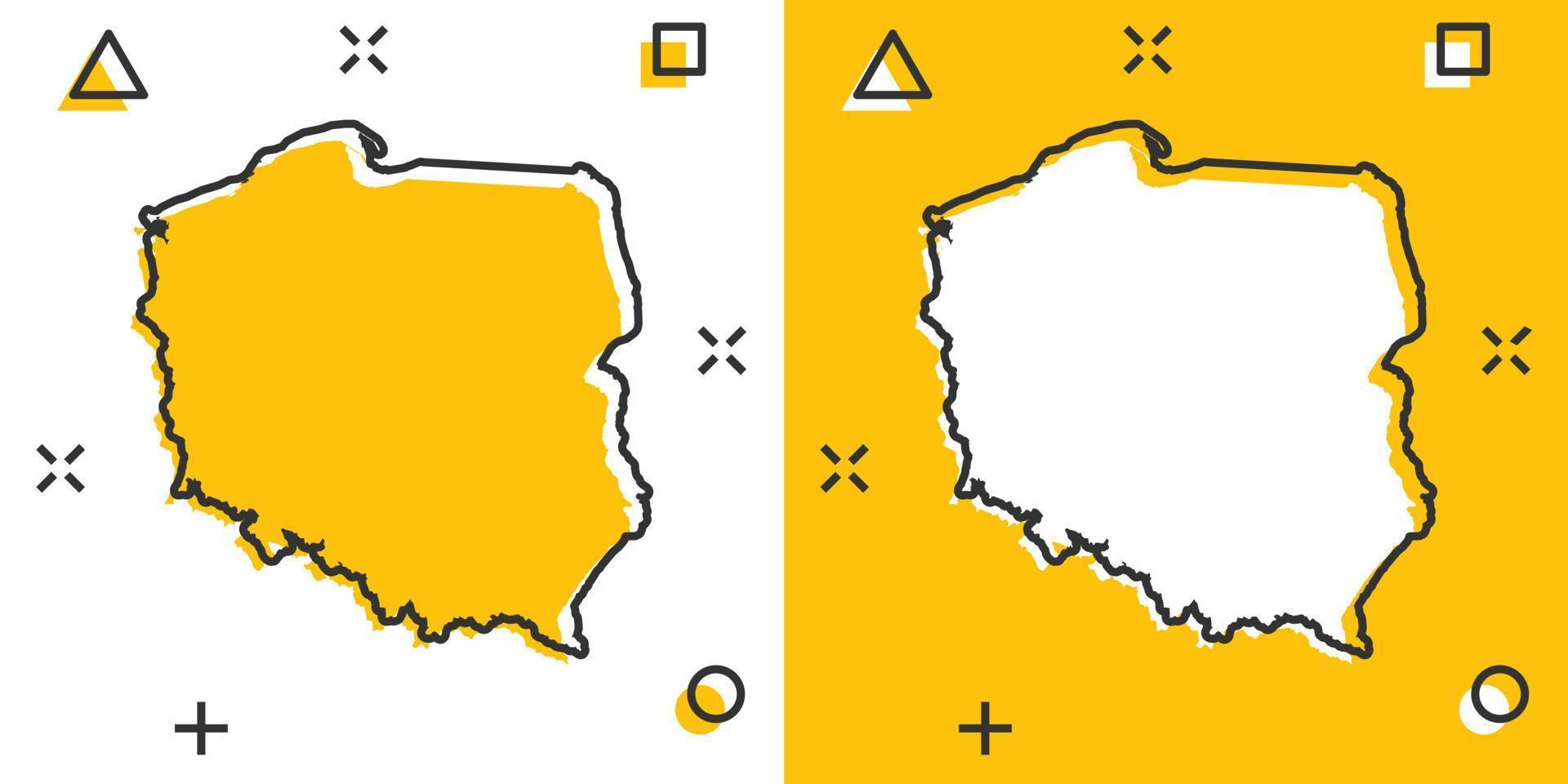 icono de mapa de polonia de dibujos animados vectoriales en estilo cómico. pictograma de ilustración de signo de polonia. concepto de efecto de salpicadura de negocio de mapa de cartografía. vector