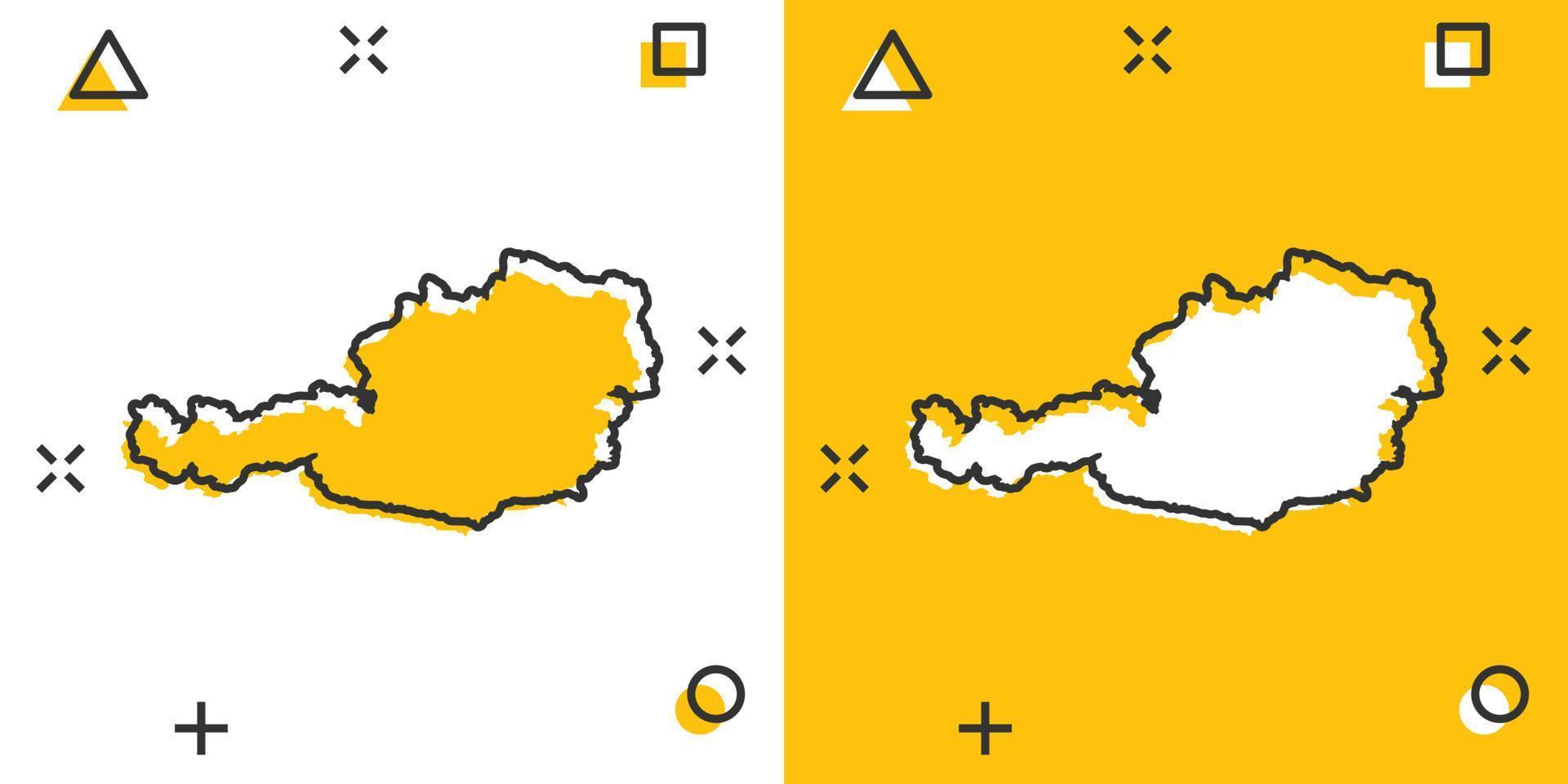 icono de mapa de austria de dibujos animados de vector en estilo cómico. pictograma de ilustración de signo de Austria. concepto de efecto de salpicadura de negocio de mapa de cartografía.