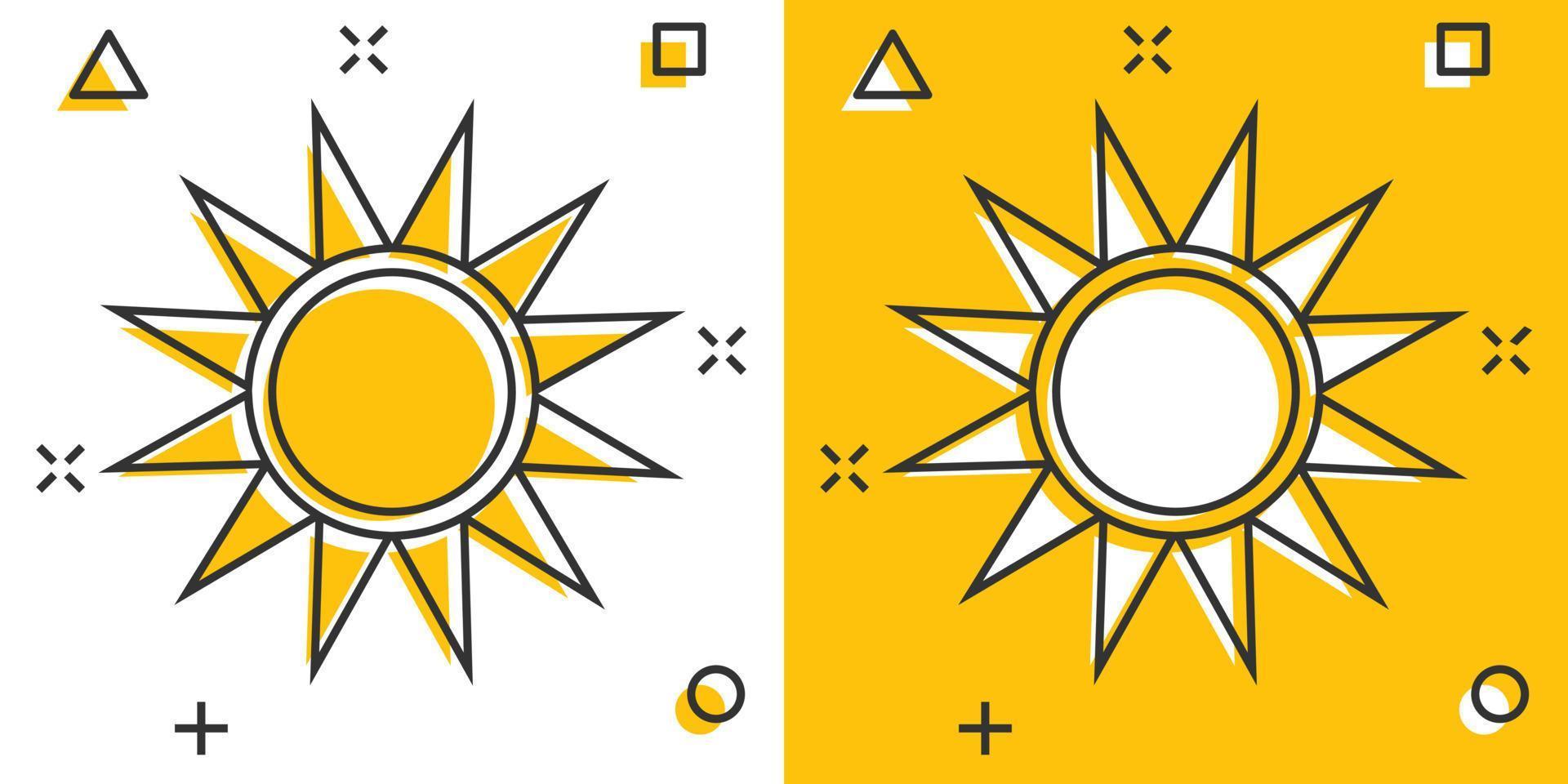 icono de sol de dibujos animados vectoriales en estilo cómico. pictograma de ilustración de concepto de sol de verano. concepto de efecto de salpicadura de negocio de sol. vector