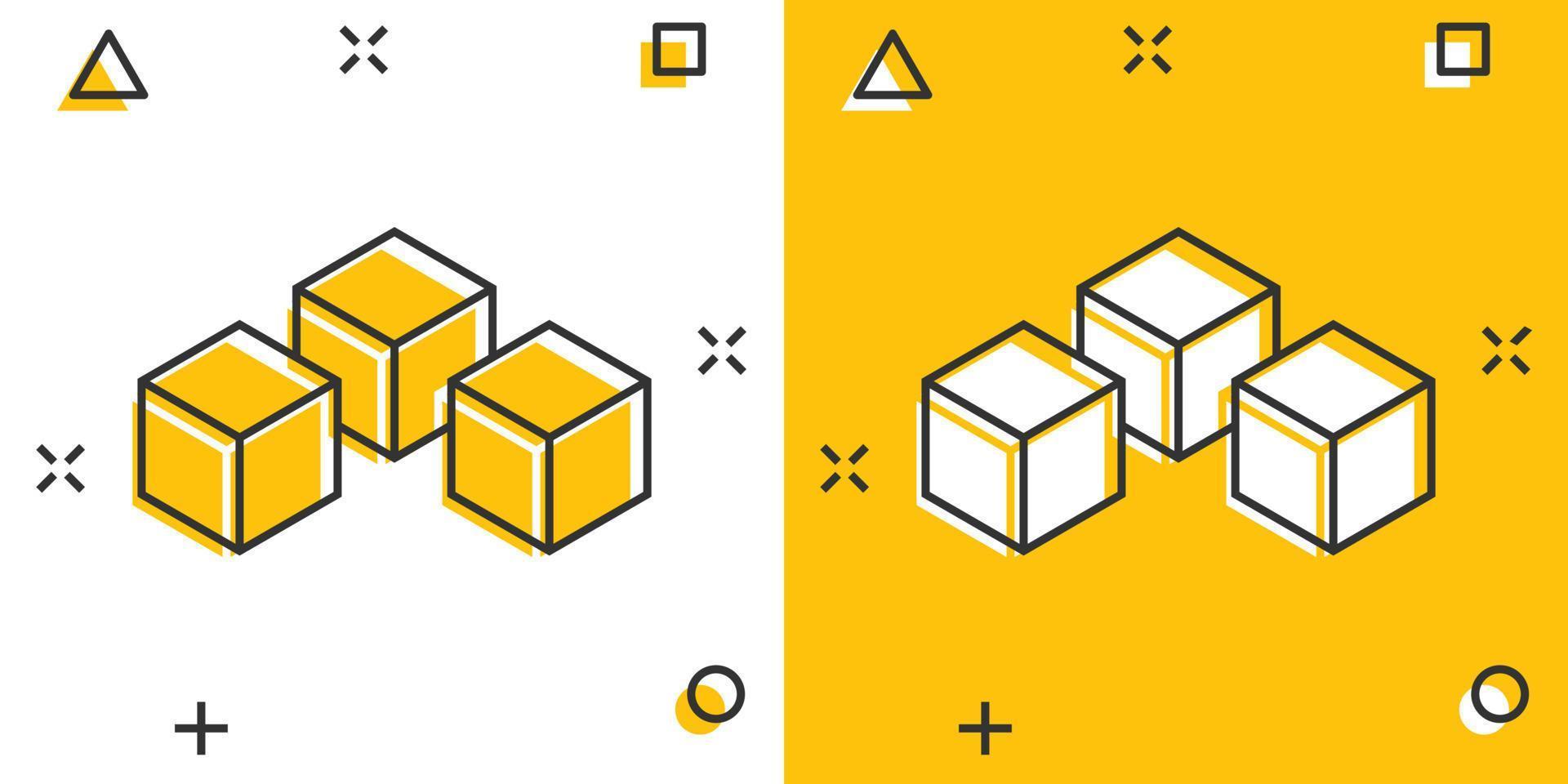 icono de la tecnología blockchain de dibujos animados vectoriales en estilo cómico. Pictograma de ilustración de concepto de bloque de cubo de criptografía. concepto de efecto de salpicadura de negocio de algoritmo blockchain. vector