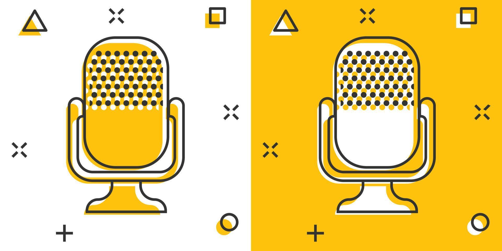 Microphone icon in comic style. Mic broadcast vector cartoon illustration pictogram. Microphone mike speech business concept splash effect.