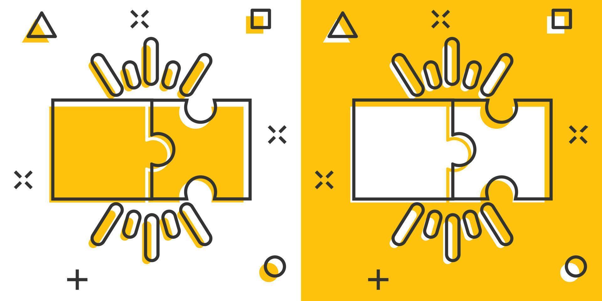 icono compatible con rompecabezas en estilo cómico. Ilustración de dibujos animados de vector de acuerdo de rompecabezas sobre fondo blanco aislado. efecto de salpicadura de concepto de negocio de solución de cooperación.