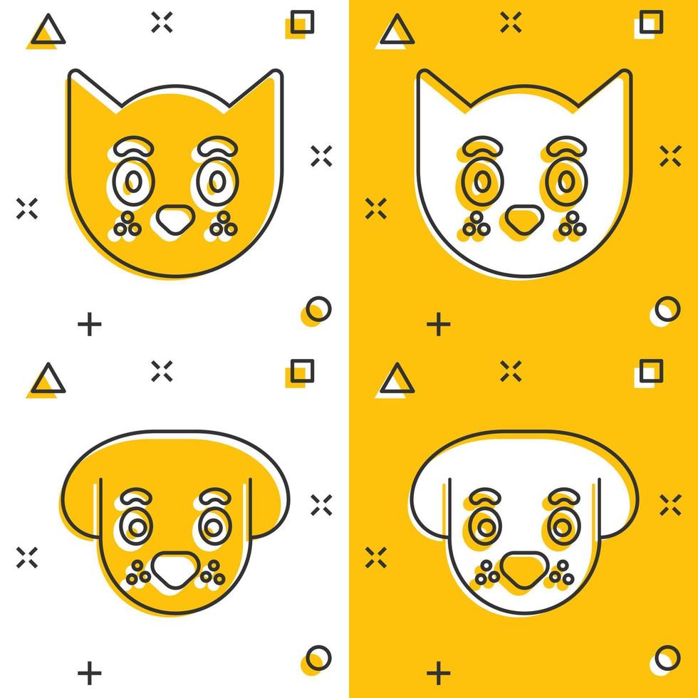 icono de perro y gato en estilo cómico. ilustración vectorial de dibujos animados de cabeza animal sobre fondo blanco aislado. concepto de negocio de efecto de salpicadura de mascota divertida de dibujos animados. vector