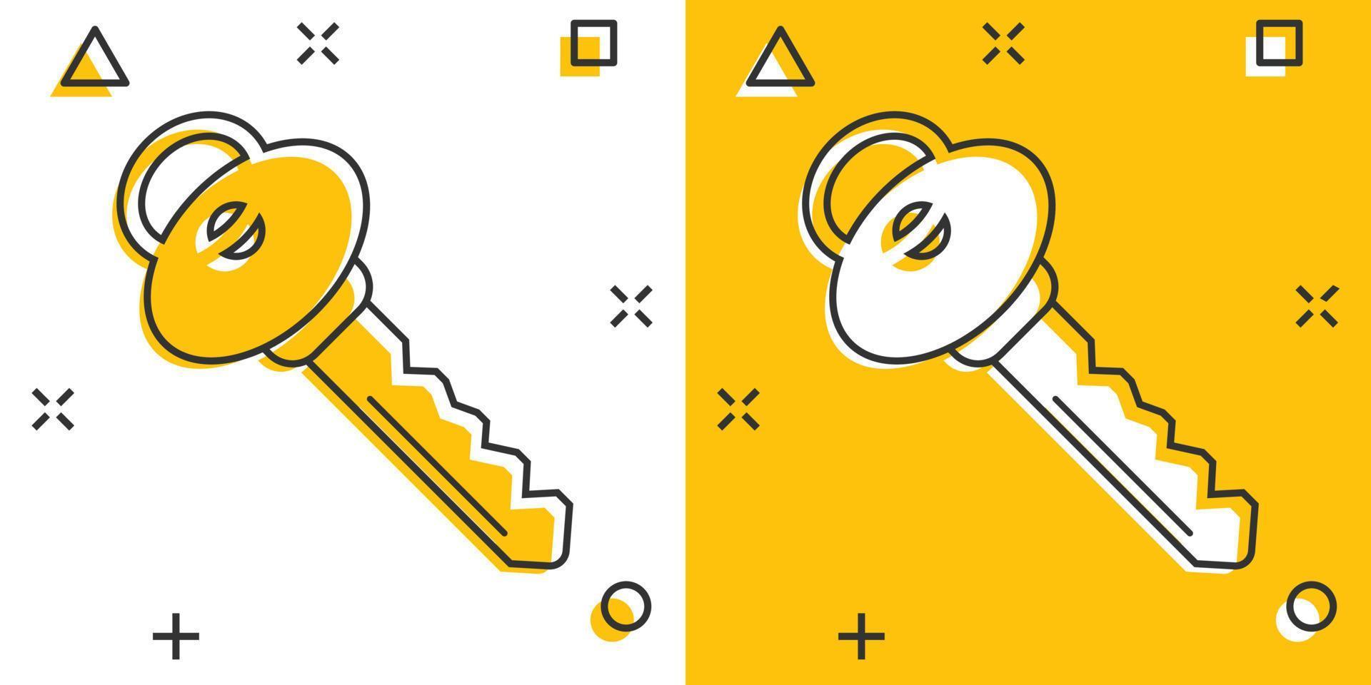 Key icon in comic style. Password cartoon vector illustration on white isolated background. Access splash effect business concept.