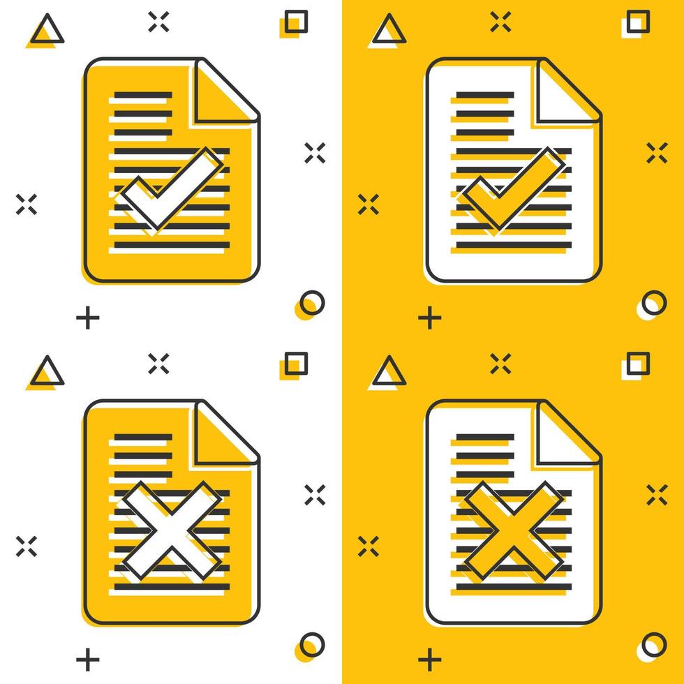 Document accepted and damaged icon in comic style. Correct, broken cartoon vector illustration on white isolated background. Check message splash effect business concept.