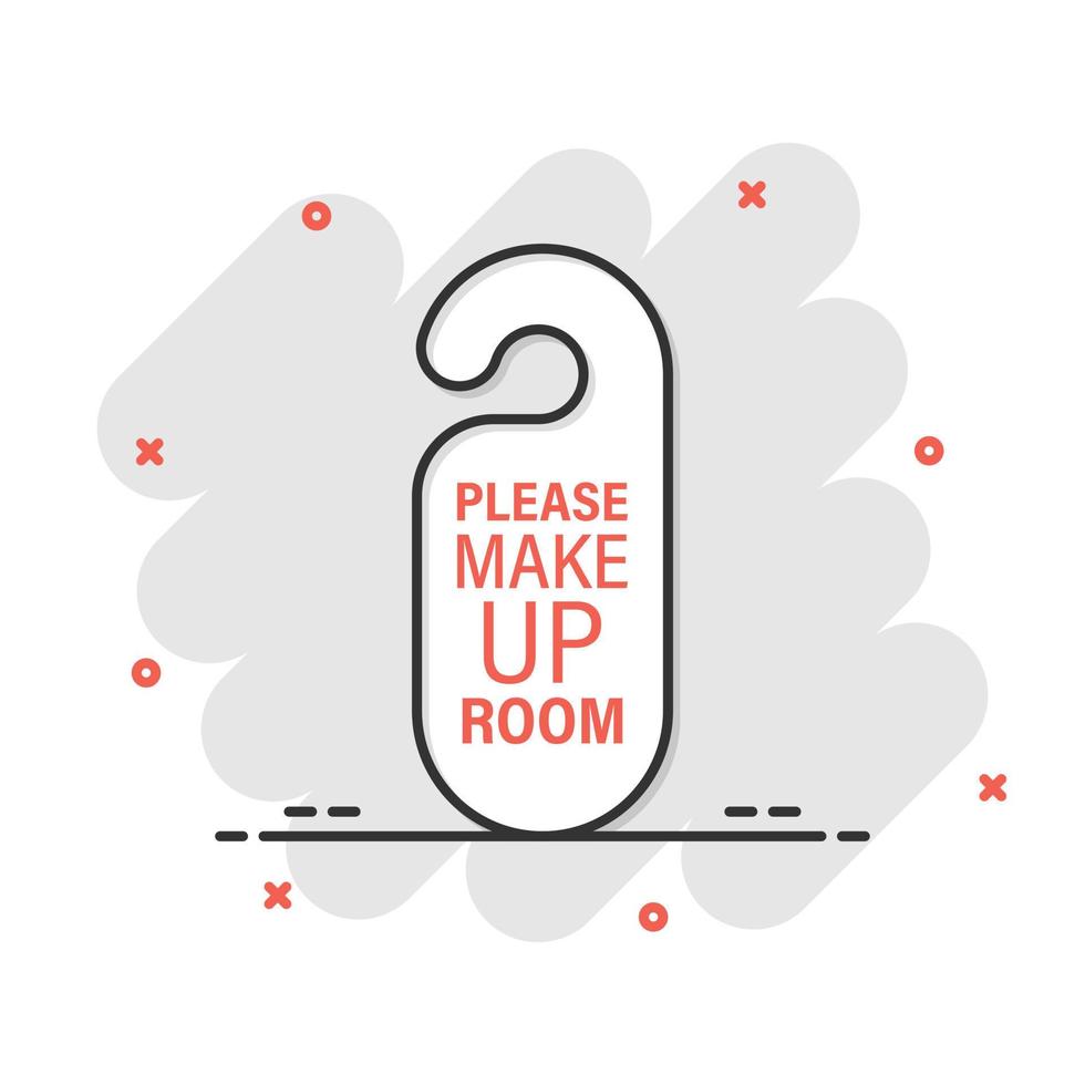 Make up room hotel sign icon in comic style. Inn cartoon vector illustration on white isolated background. Hostel clean splash effect business concept.