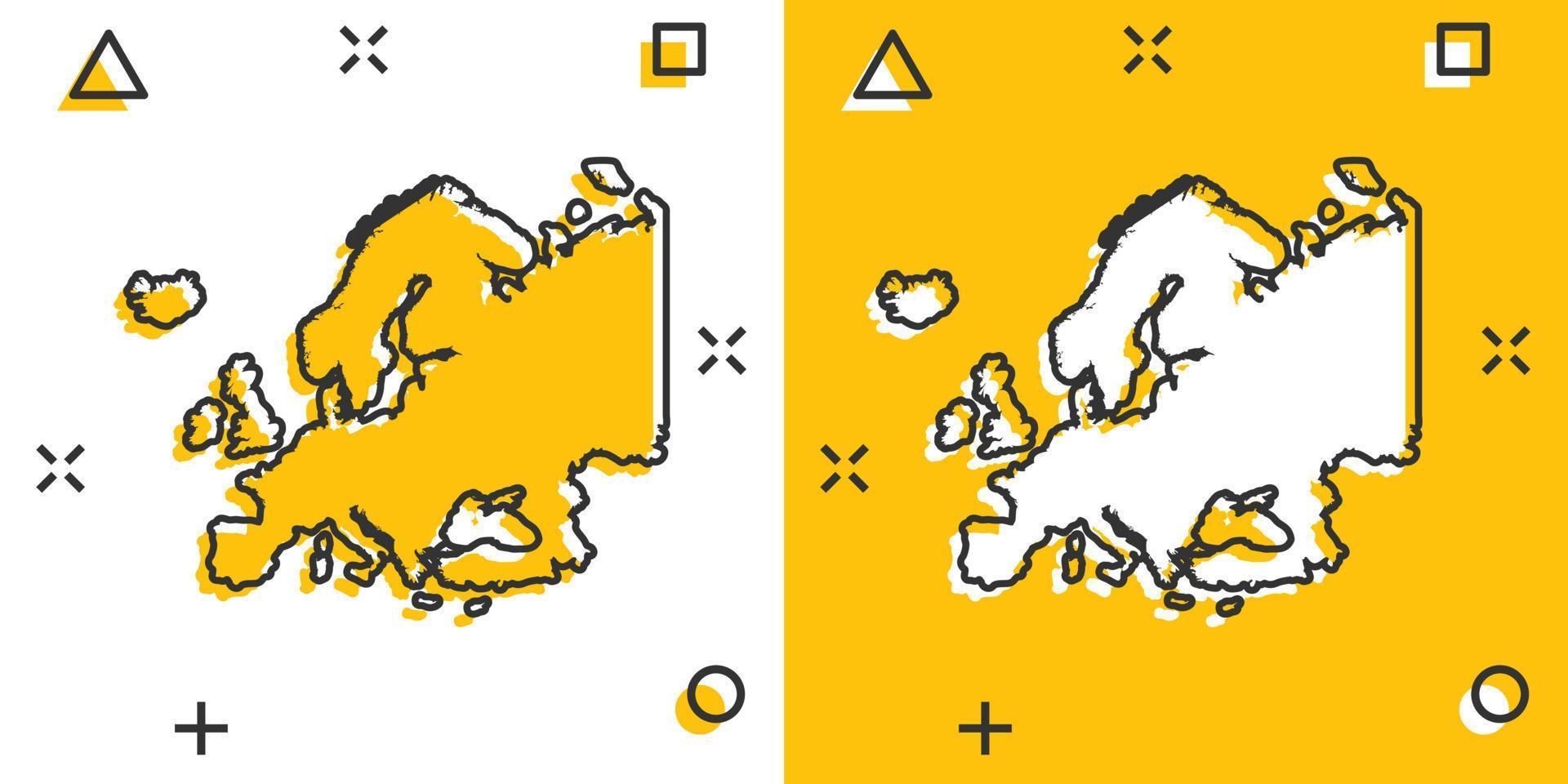 icono de mapa de Europa de color de dibujos animados en estilo cómico. pictograma de ilustración de signo de europa. concepto de negocio de salpicaduras de geografía del país. vector