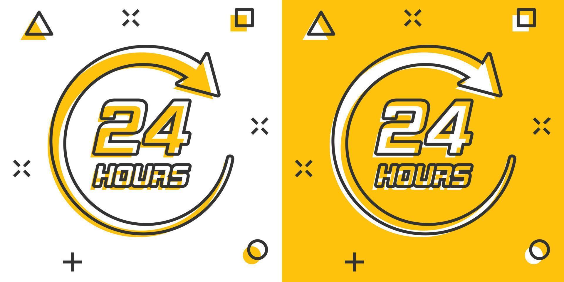 Vector cartoon twenty four hour clock icon in comic style. 24 7 service time concept illustration pictogram. Around the clock business splash effect concept.