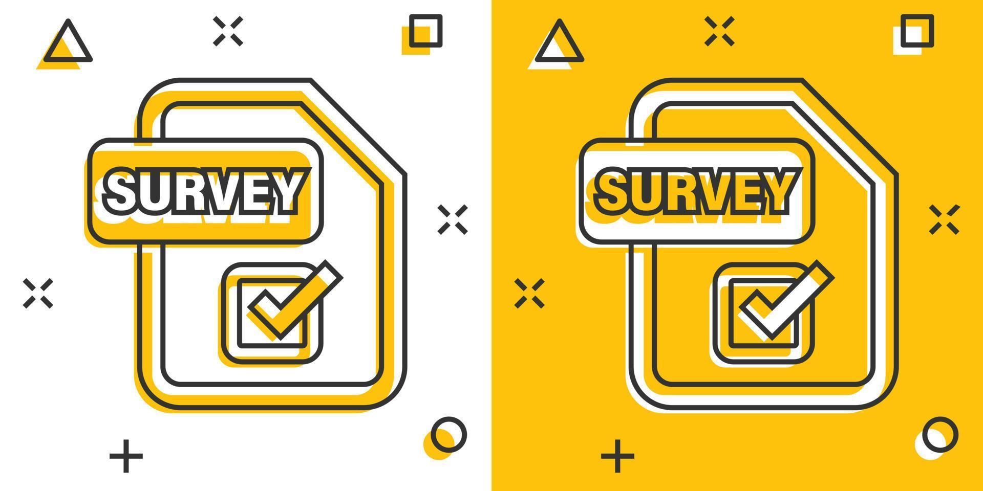 Checklist document sign icon in comic style. Survey vector cartoon illustration on white isolated background. Check mark banner business concept splash effect.