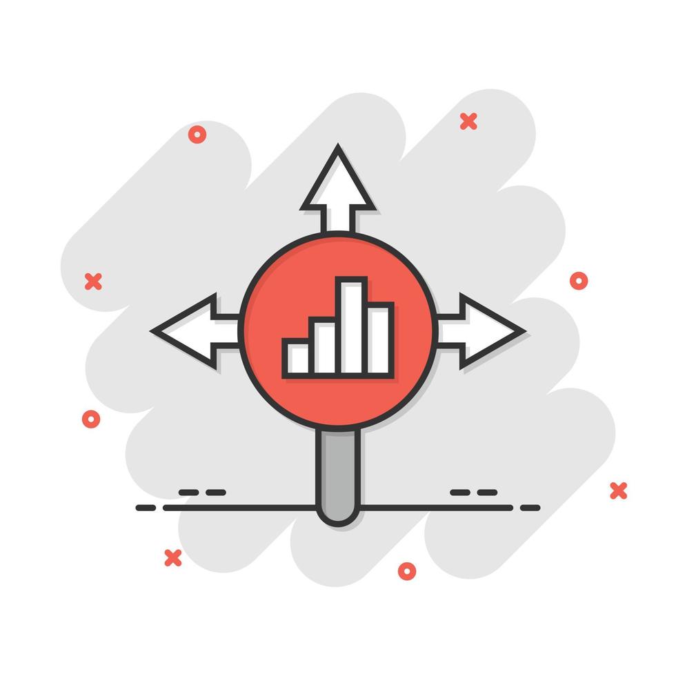 Market trend icon in comic style. Growth arrow with magnifier cartoon vector illustration on white isolated background. Increase splash effect business concept.